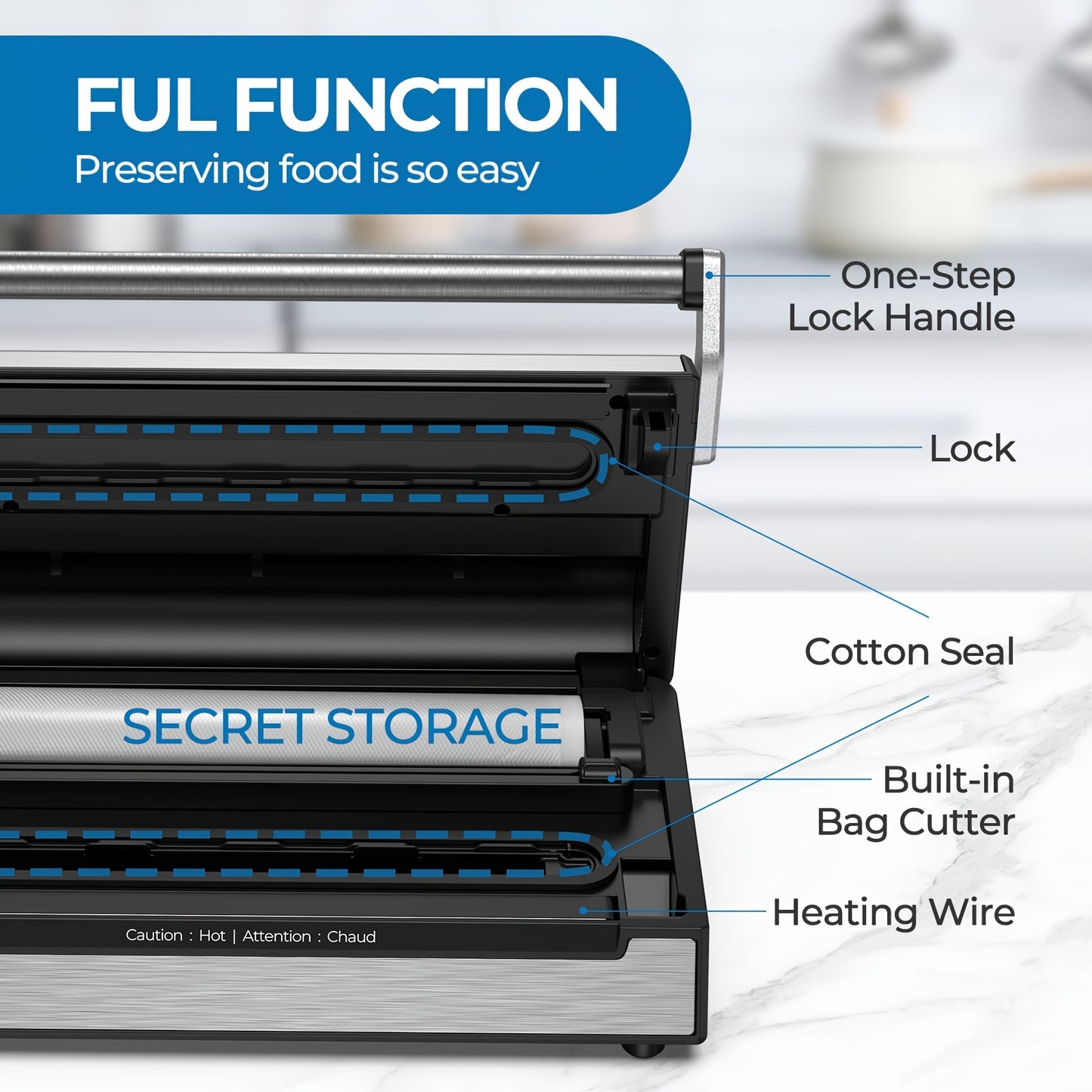 90Kpa Powerful Pro AKDGY Vacuum Sealer Machine, Stainless Steel Handle, Dry/Moist/Liquid Modes, Built-in Cutter, Bag Storage, Digital Countdown