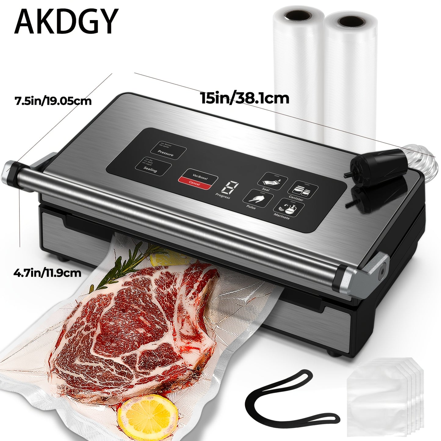 90Kpa Powerful Pro AKDGY Vacuum Sealer Machine, Stainless Steel Handle, Dry/Moist/Liquid Modes, Built-in Cutter, Bag Storage, Digital Countdown