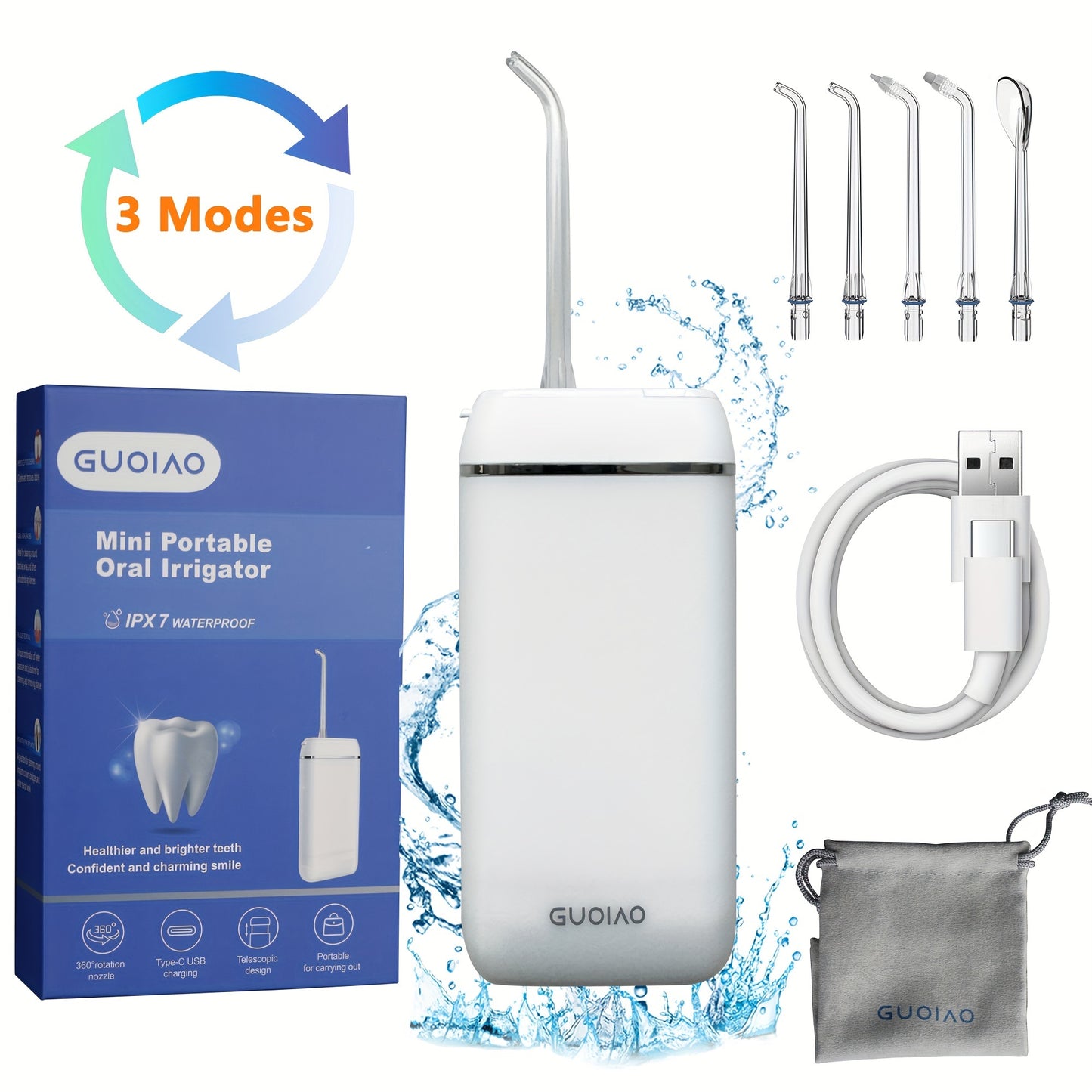 Portable Water Flosser Cordless Teeth Oral Irrigator With 140ML Telescopic Water Tank Waterflosser, 3 Modes And 5 Tips, IPX7 Waterproof Oral Irrigator With Travel Bag