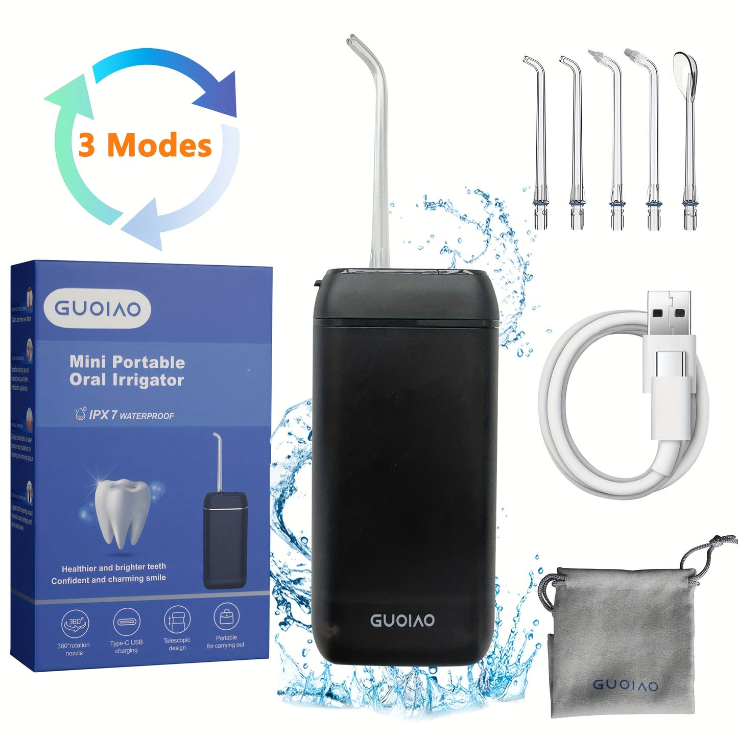 Portable Water Flosser Cordless Teeth Oral Irrigator With 140ML Telescopic Water Tank Waterflosser, 3 Modes And 5 Tips, IPX7 Waterproof Oral Irrigator With Travel Bag