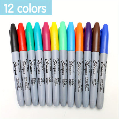 12-Pack Colorful Fine Point Permanent Markers, Durable Long-Lasting, for Classroom, Office, Kitchen, Art Supplies, Craft Tools, Plastic Material