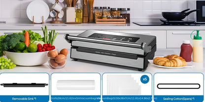 90Kpa Powerful Pro AKDGY Vacuum Sealer Machine, Stainless Steel Handle, Dry/Moist/Liquid Modes, Built-in Cutter, Bag Storage, Digital Countdown