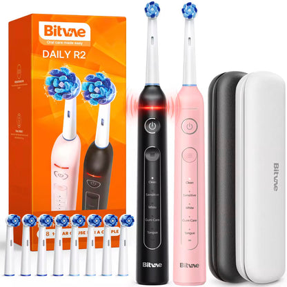 Bitvae Rotating Electric Toothbrush 2 Packs for Adults with Pressure Sensor, Gifts for Men/Women, 5 Modes Rechargeable Power Toothbrush with 8 Brush Heads, R2