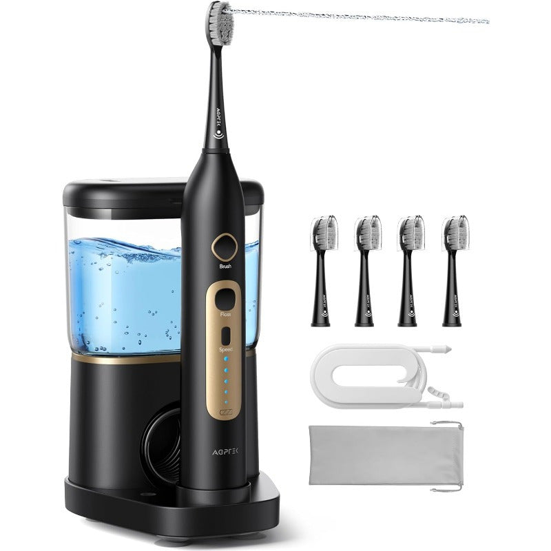 AGPTEK Professional Flossing Toothbrush, Electric Toothbrush with Water Flosser Combo, 5 Modes Teeth Cleaner, 5 Water Pressure Oral Irrigator, 16.91oz Water Tank for Home, Portable Tube for Travel