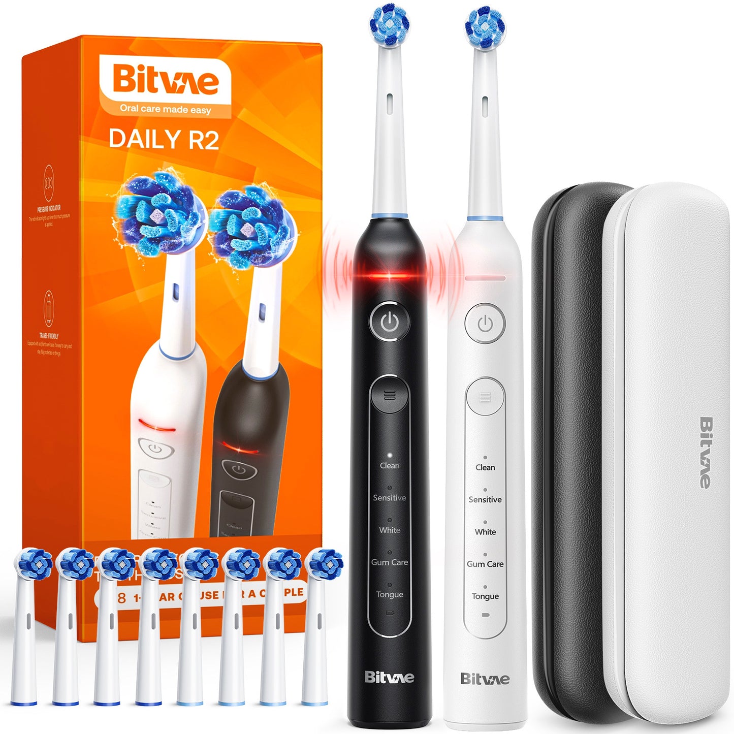 Bitvae Rotating Electric Toothbrush 2 Packs for Adults with Pressure Sensor, Gifts for Men/Women, 5 Modes Rechargeable Power Toothbrush with 8 Brush Heads, R2