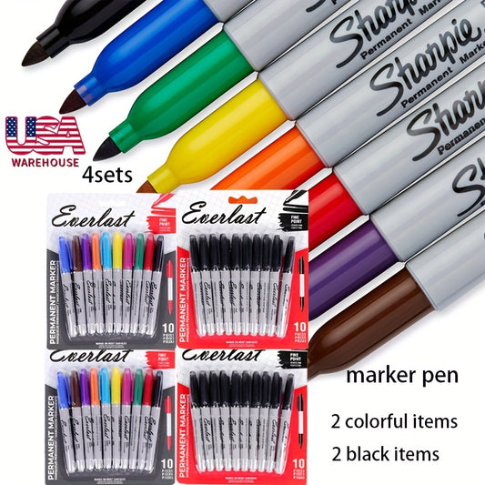 Assorted Colored Markers 4 Sets of 40, Durable and Waterproof, Including 20 Colored and 20 Black Permanent Markers for Classrooms and Offices