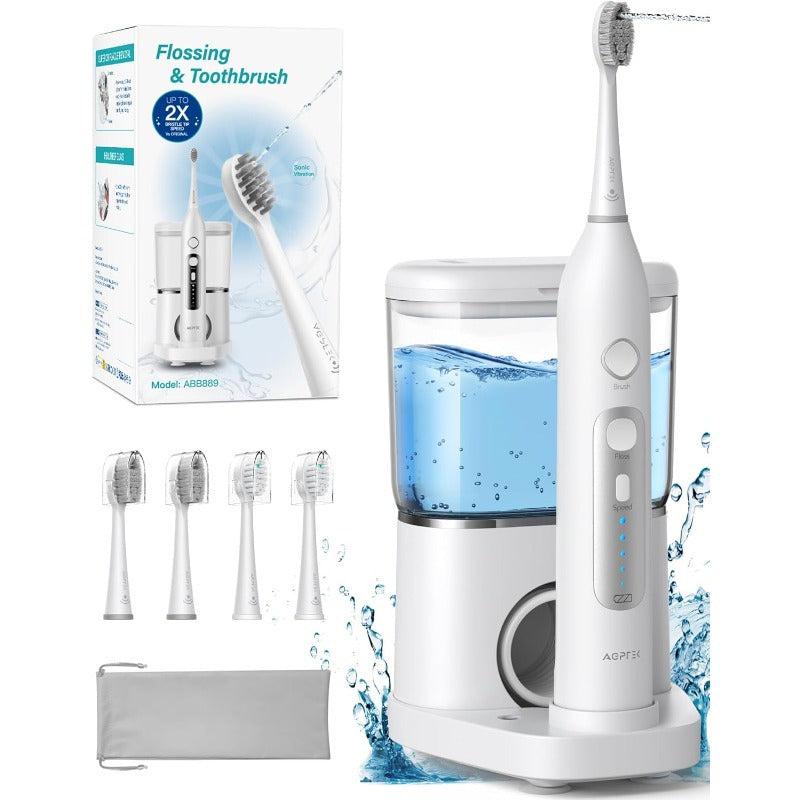 AGPTEK Professional Flossing Toothbrush, Electric Toothbrush with Water Flosser Combo, 5 Modes Teeth Cleaner, 5 Water Pressure Oral Irrigator, 16.91oz Water Tank for Home, Portable Tube for Travel